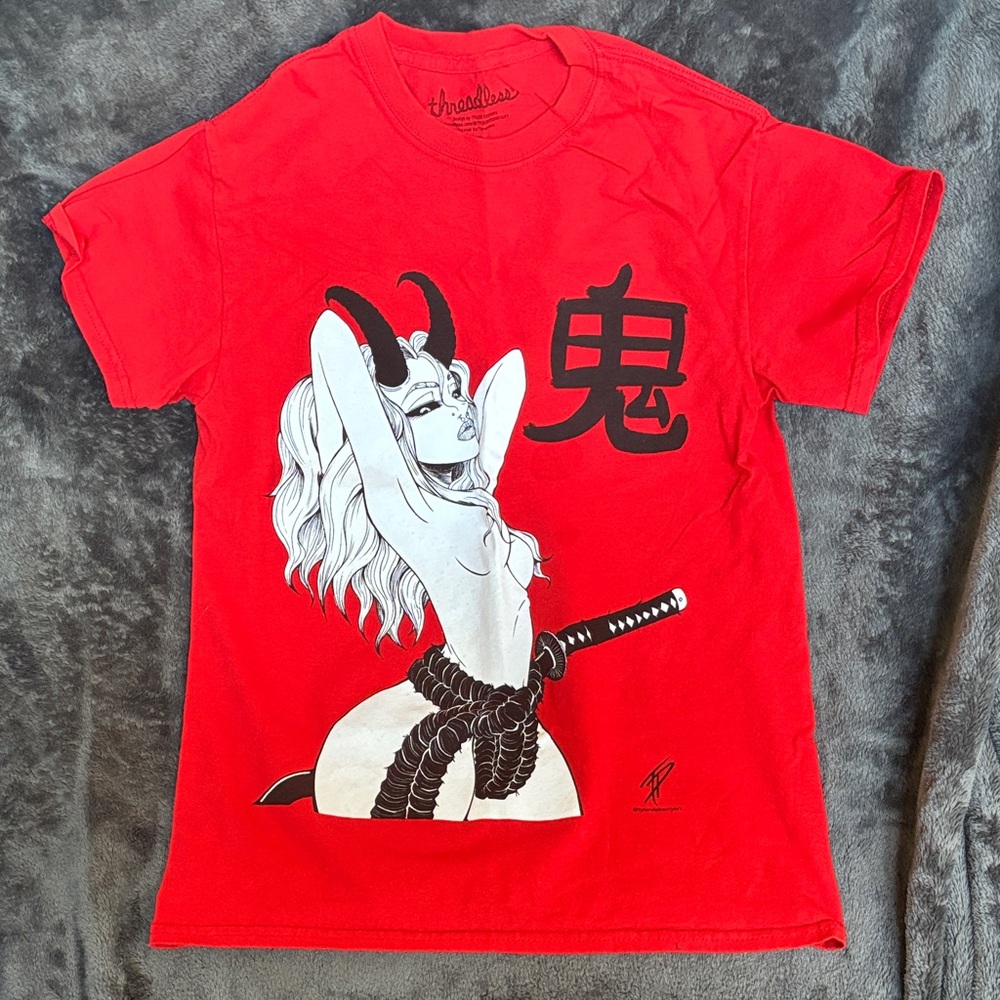 Red Graphic Tee with Demon Design